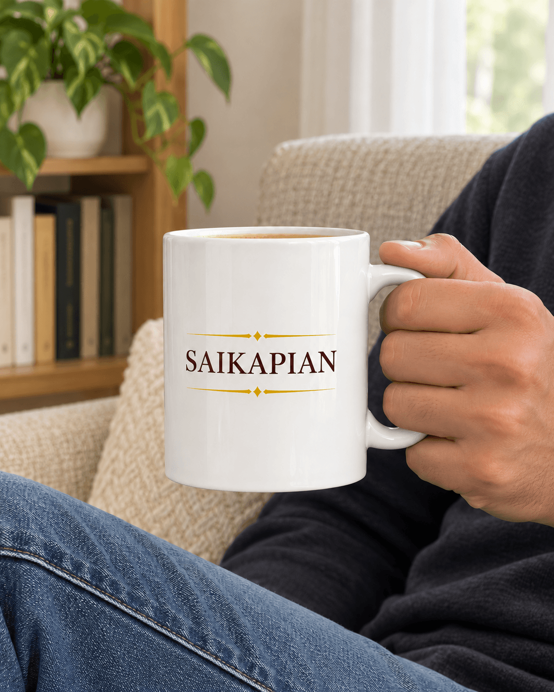 White Ceramic Mug — In Hand thumbnail