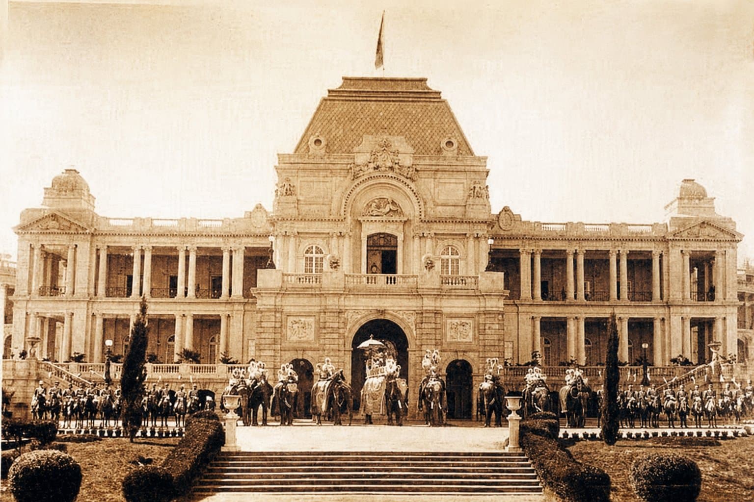 Historic photograph of the Sainik School Kapurthala campus with a ceremonial elephant procession